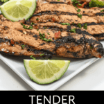 Grilled honey lime chicken garnished with lime wedges and chopped herbs on a white plate, titled "succulent honey lime chicken.
