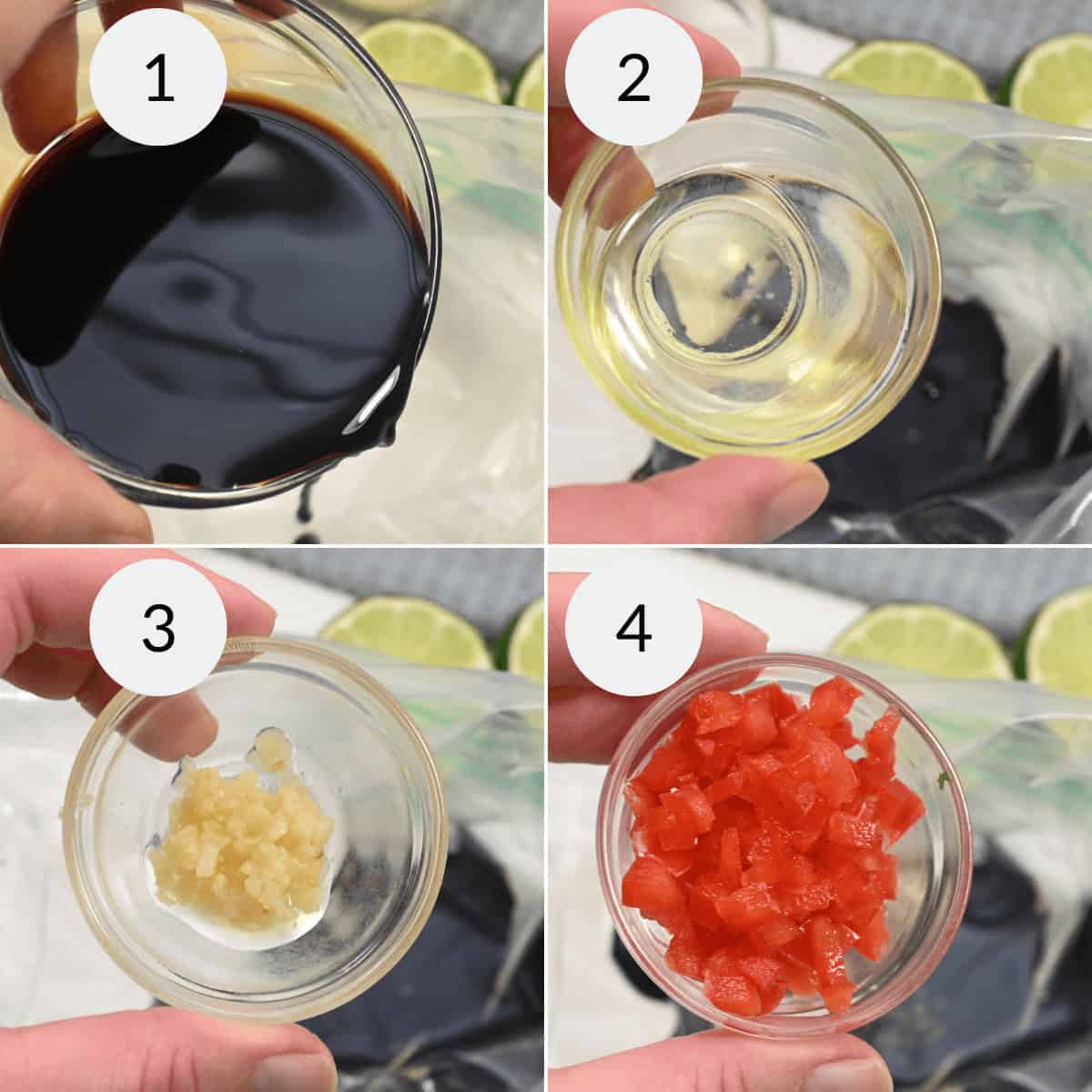 Four-part image showing stages of preparing the meat.