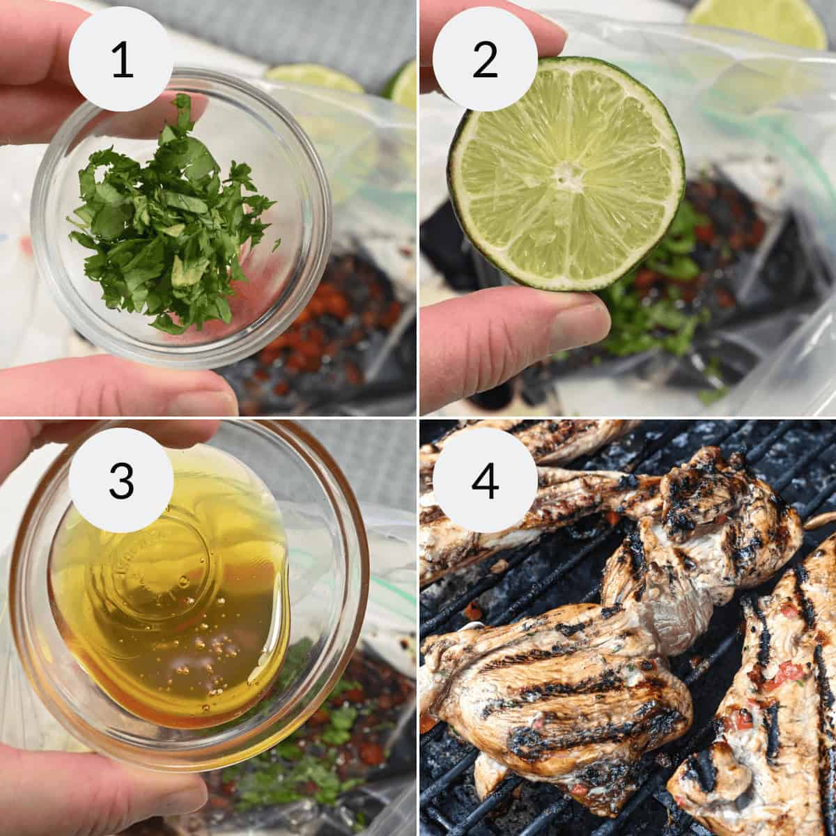 Step-by-step cooking process: 1. chopped cilantro in a bowl, 2. hand holding a lime slice, 3. oil poured into a bowl, 4. honey lime chicken