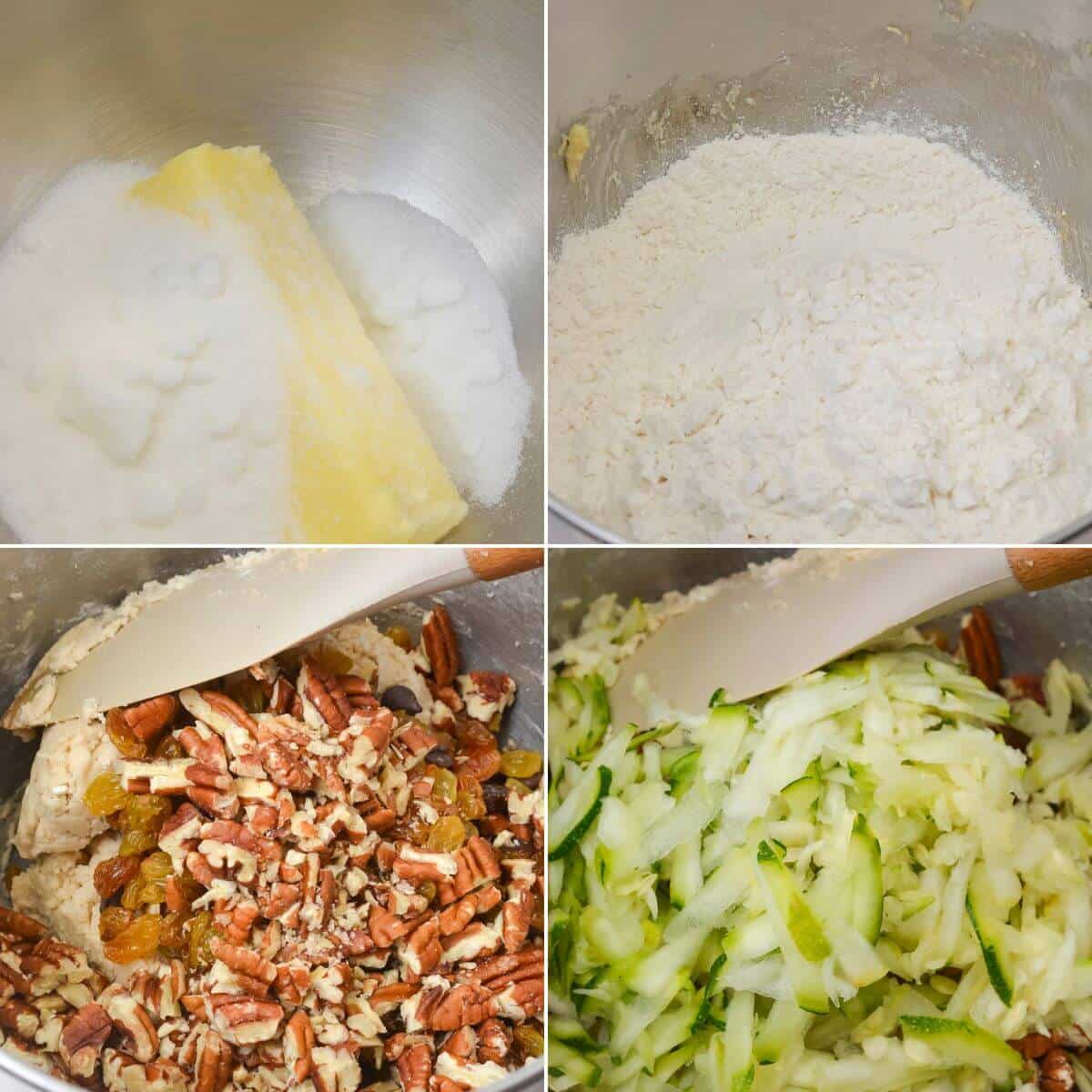 Four-panel image showing the steps to make Zucchini Cookies: creaming butter and sugar, adding dry ingredients, mixing in chopped nuts and raisins, and folding shredded zucchini into a metal bowl for the dough.