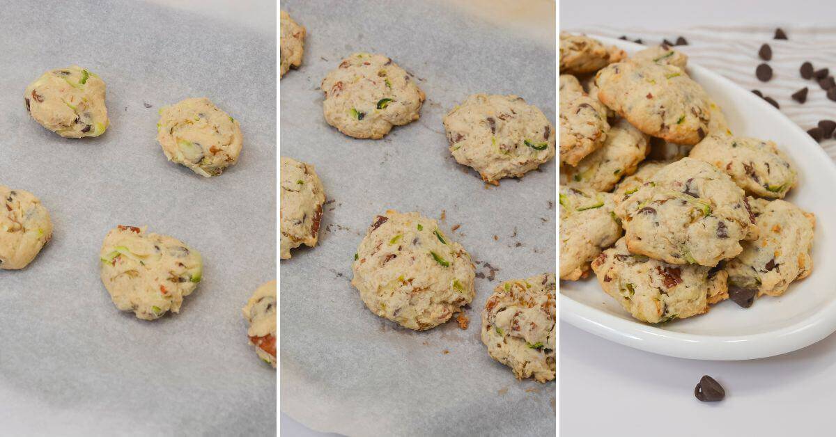 Three images show the progression of baking: raw zucchini cookie dough on parchment, cookies baked on a tray, and finished zucchini cookies stacked on a plate with chocolate chips.