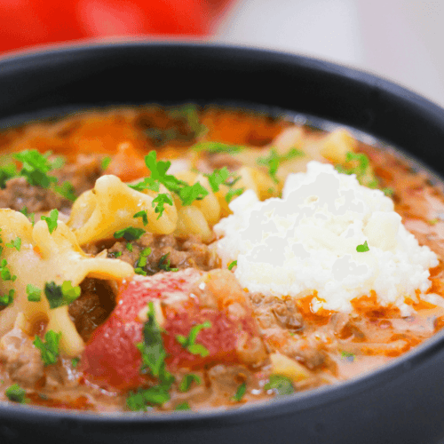 A One Pot Lasagna Soup with meat and cheese.