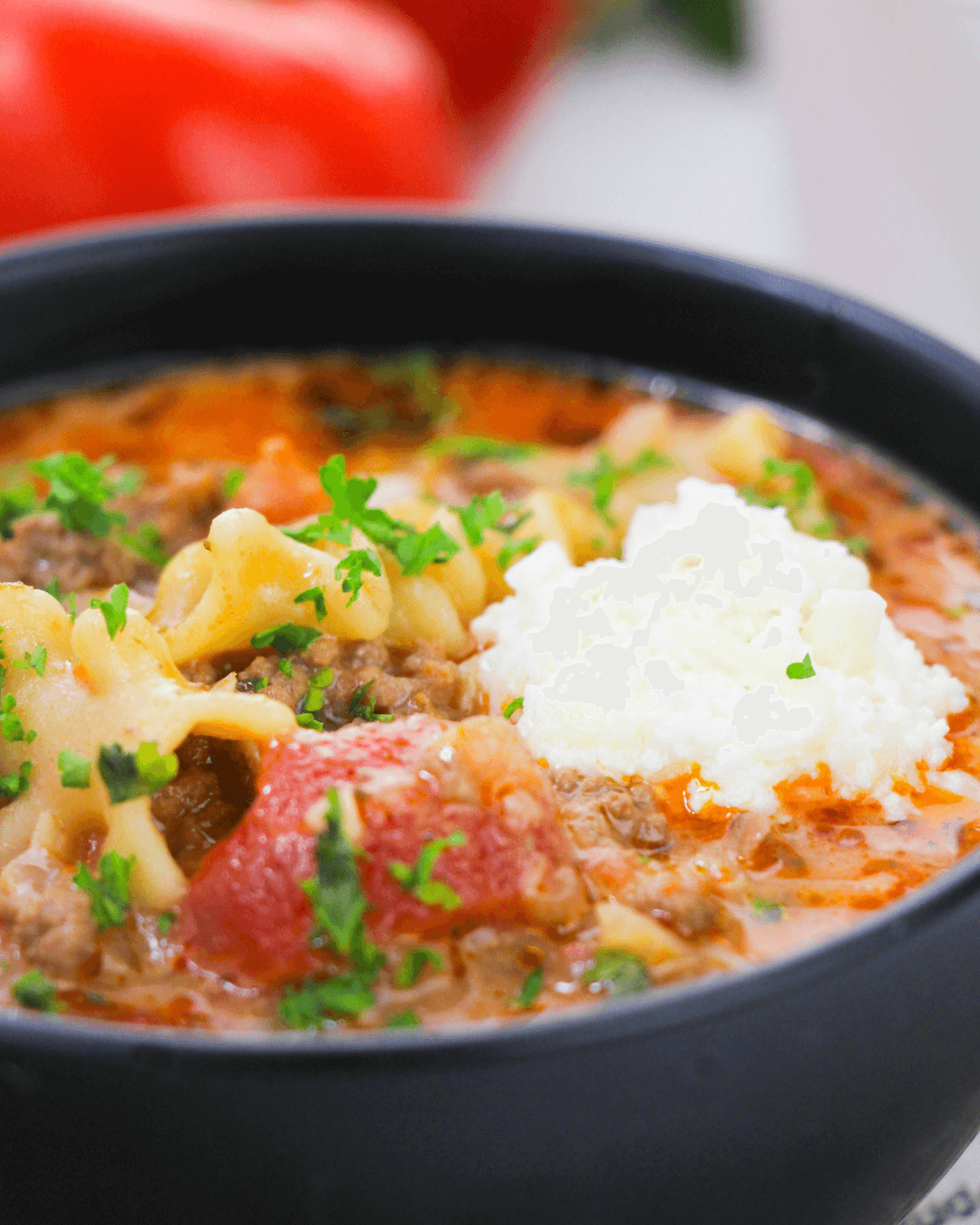 A One Pot Lasagna Soup with meat and cheese.