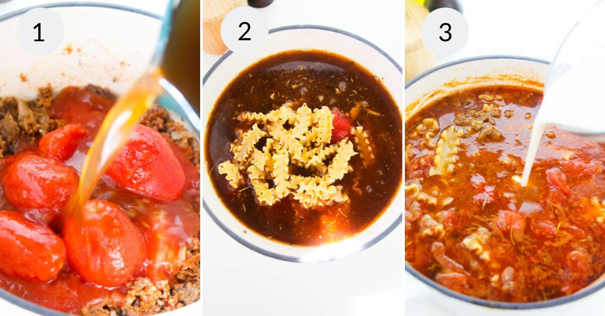 Three pictures showing how to make a tomato sauce for One Pot Lasagna Soup.