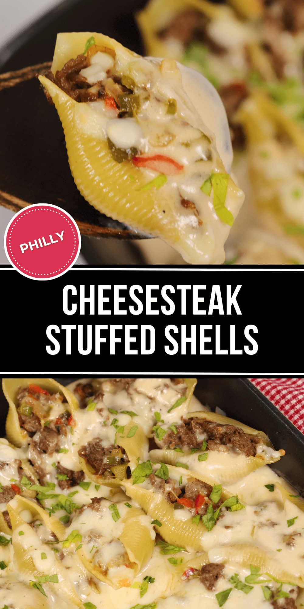 A mouthwatering close-up of Philly Cheesesteak Stuffed Pasta Shells, oozing with melted cheese, succulent ground beef, and vibrant bell peppers. Garnished with fresh herbs, this dish is a flavorful twist on a classic favorite. Text overlay reads: "Philly Cheesesteak Stuffed Shells.