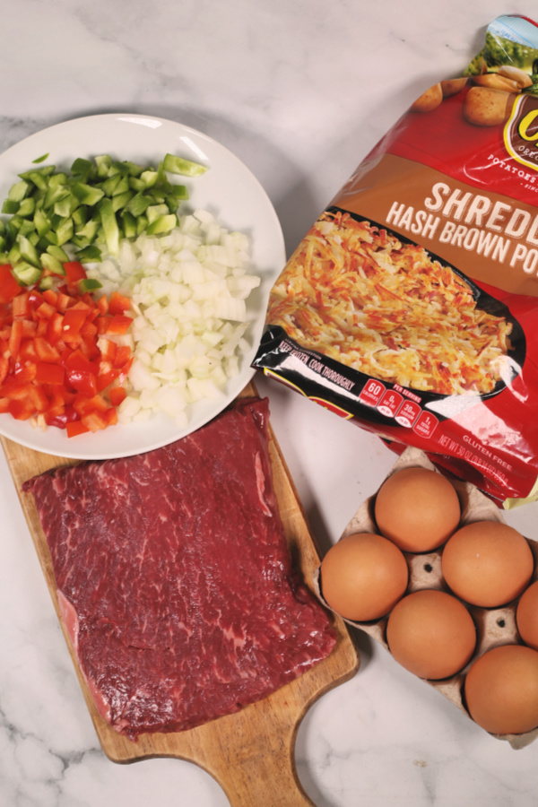 Ingredients for easy breakfast skillets with steak and eggs