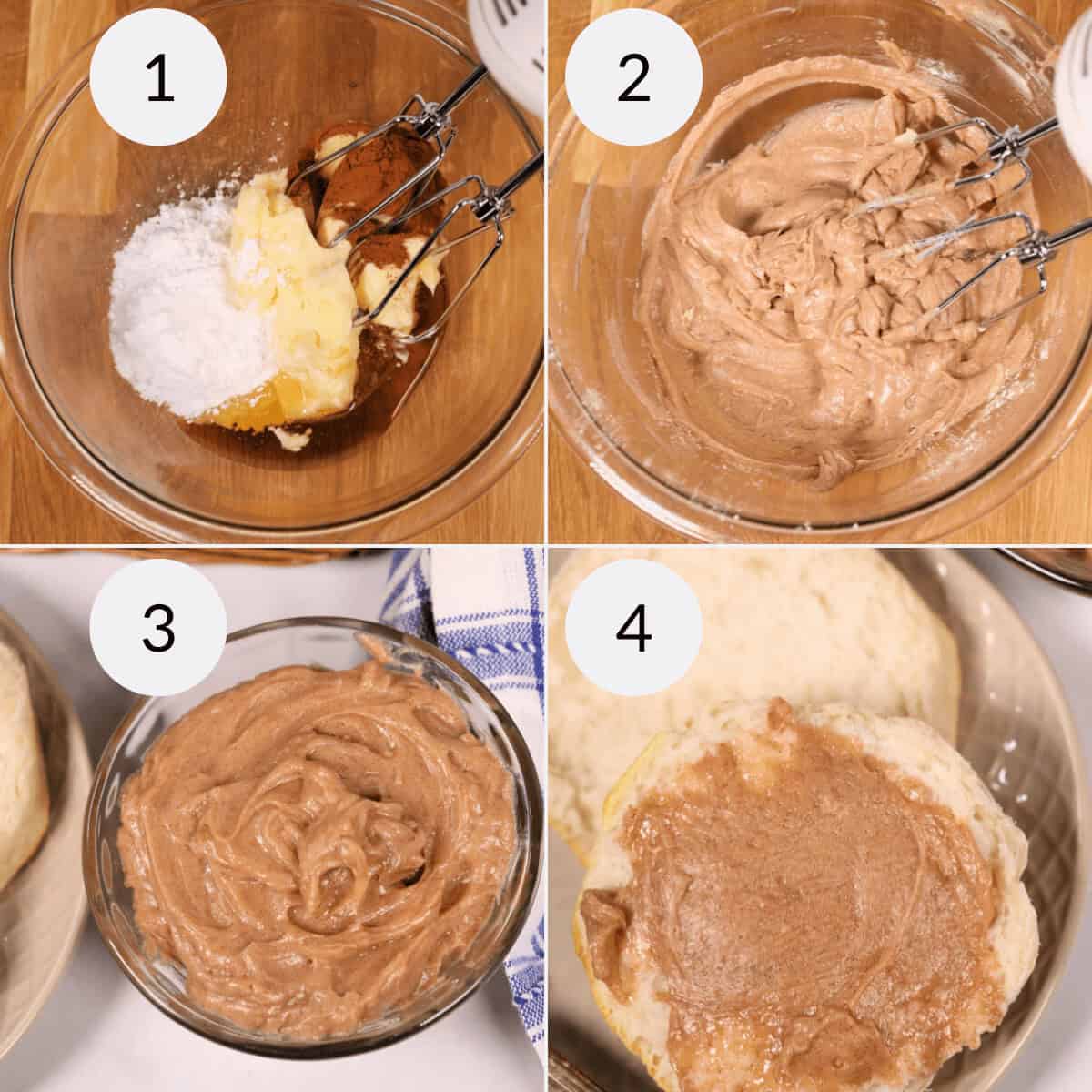 A series of four images depicting the process of making ingredients, achieving that perfect whipped texture, transferring to a small bowl, and finally spreading it on a warm biscuit.