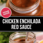 Spoon pouring chicken enchilada red sauce into a glass jar, with a label and fresh herbs in the background.