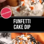 A hand holding a Halloween funfetti cookie dipped in vibrant cake dip topped with candy eyes and sprinkles, nestled near a bowl of dip and surrounded by more cookies.