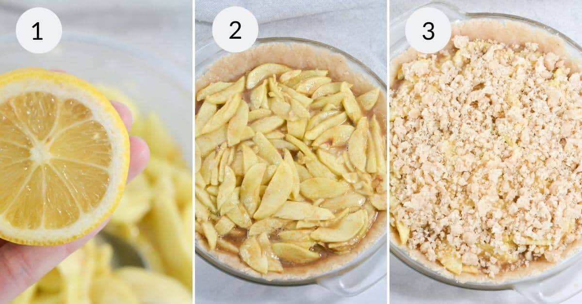 Three sequential steps of making this easy apple pie: 1) squeezing lemon juice over apple slices, 2) placing the apple slices in a pie crust, and 3) topping with crumble mixture before baking.