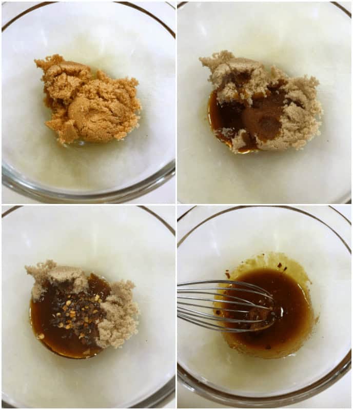Four images illustrate the steps to mix brown sugar with liquid ingredients in a bowl using a whisk, perfect for drizzling over spicy green beans.