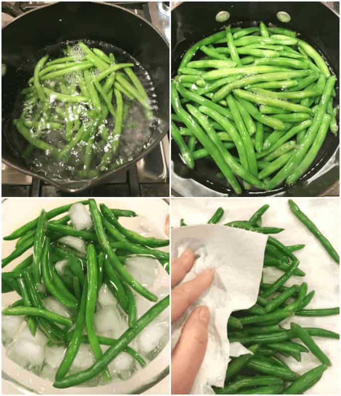 Four images depicting the journey of creating delicious spicy green beans: boiling, straining, placing in ice water, and drying with a paper towel.