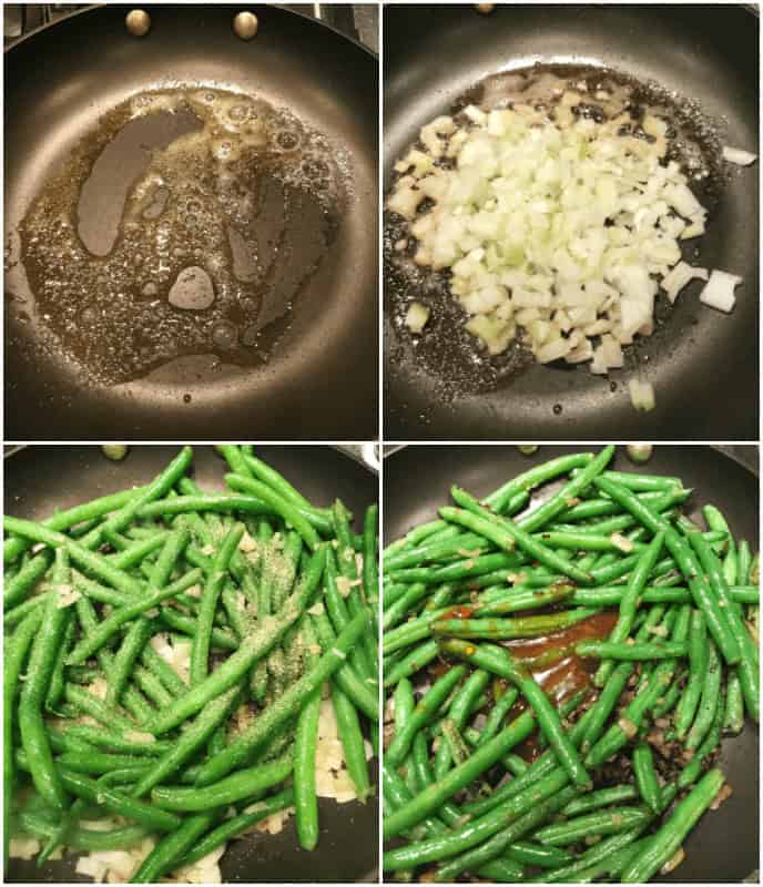 Follow a four-step cooking process for Spicy Green Beans: start by melting butter, then sauté chopped onions, add green beans with spices, and finish by mixing in a flavorful sauce.