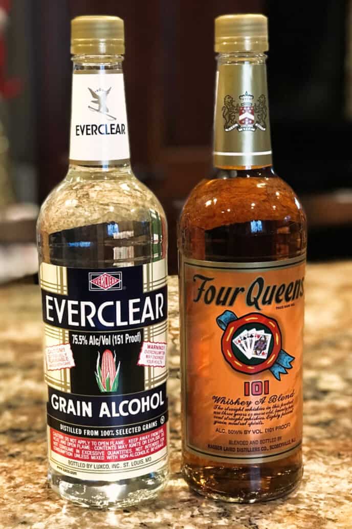 Four Queens Whisky and Everclear Grain Alcohol bottles