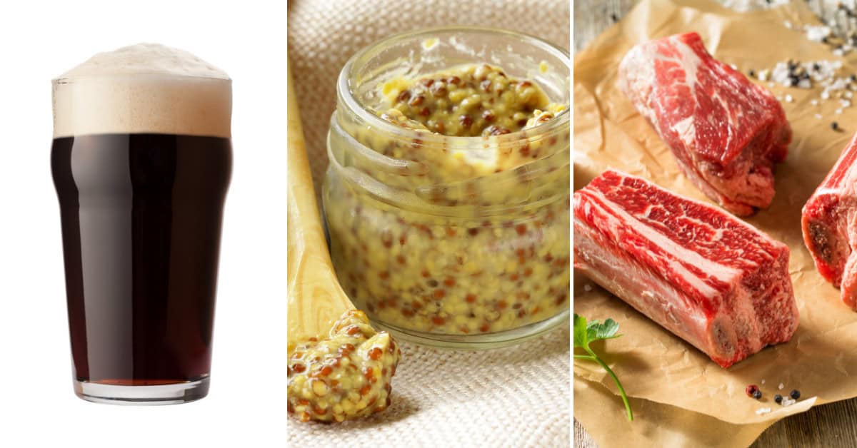 A pint of dark beer complements the jar of whole grain mustard, enhancing the flavors of meat seasoned perfectly on parchment paper.