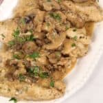 A side view of the finished chicken dish.