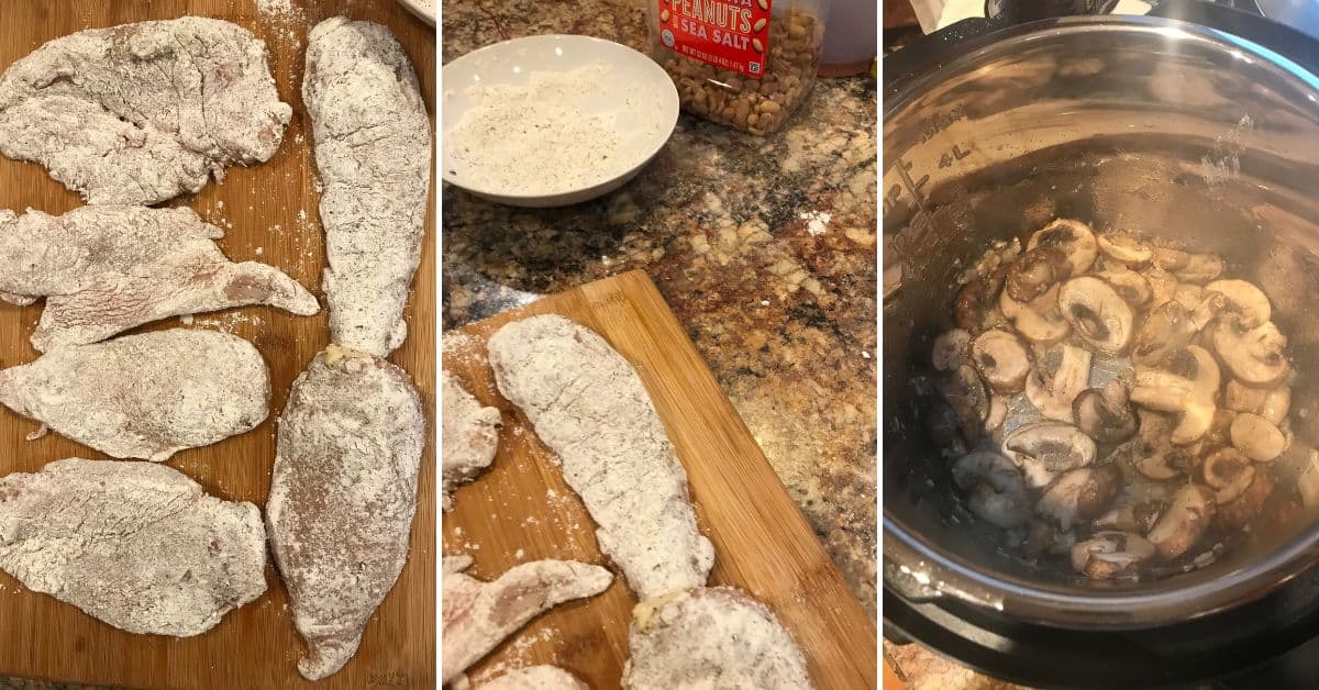 Cutting the chicken, adding the ingredients to the instant pot to make the marsala.