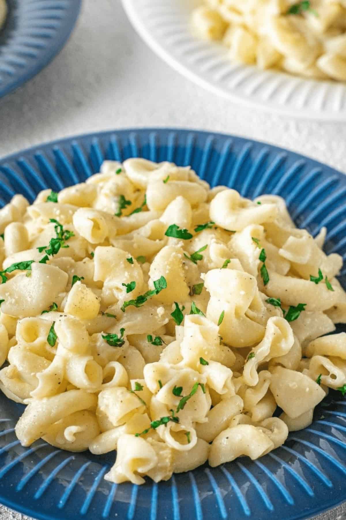 A blue plate of  the creamy meal with parsley on top.
