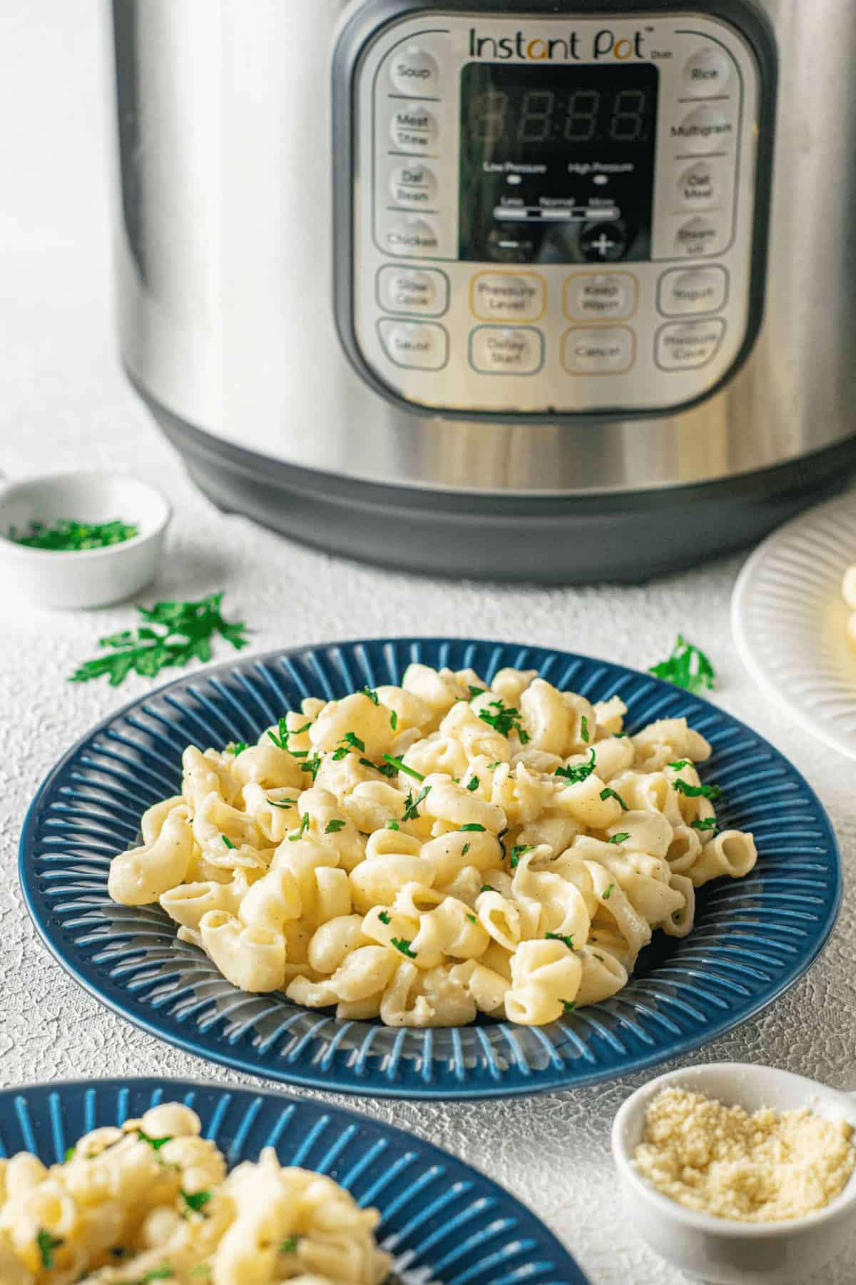 A plate of creamy pasta garnished with herbs, flanked by small bowls brimming with cheese and fresh herbs.