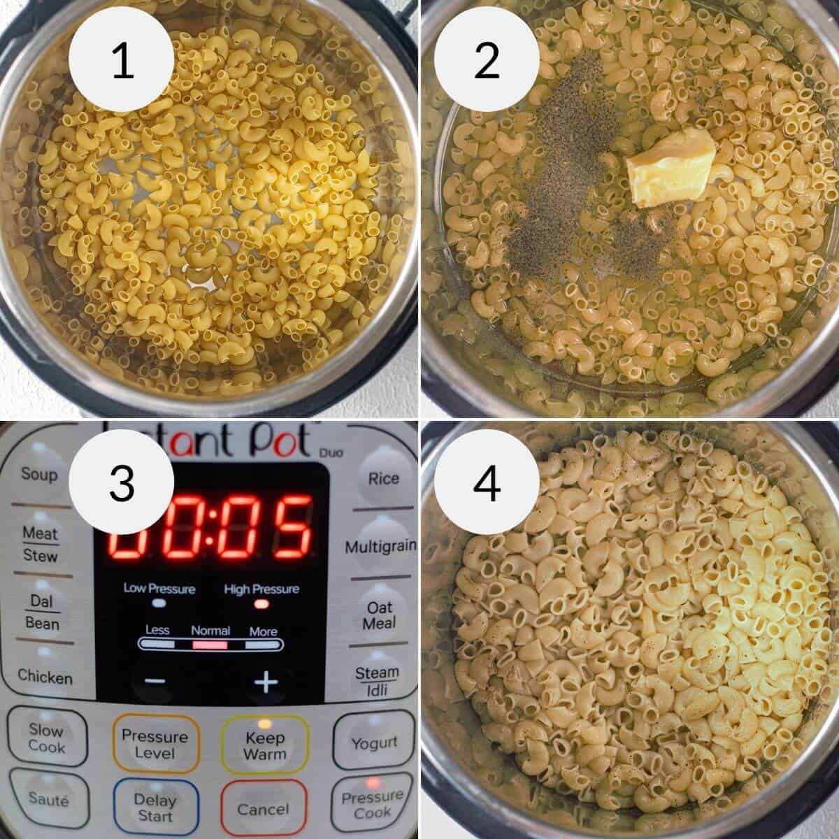 Collage of four steps to cook Instant Pot Mac n Cheese: 1. Dry pasta, 2. Ingredients added for cheesy goodness, 3. Timer set to 5 minutes, 4. Creamy cooked pasta ready to enjoy.