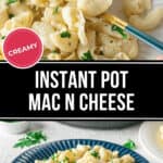 A plate of creamy Instant Pot Mac n Cheese garnished with herbs, elegantly set on a blue plate with a fork.
