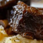 Close-up of slow cooker beef short ribs, glazed to perfection and served over creamy mashed potatoes, garnished with ground pepper.