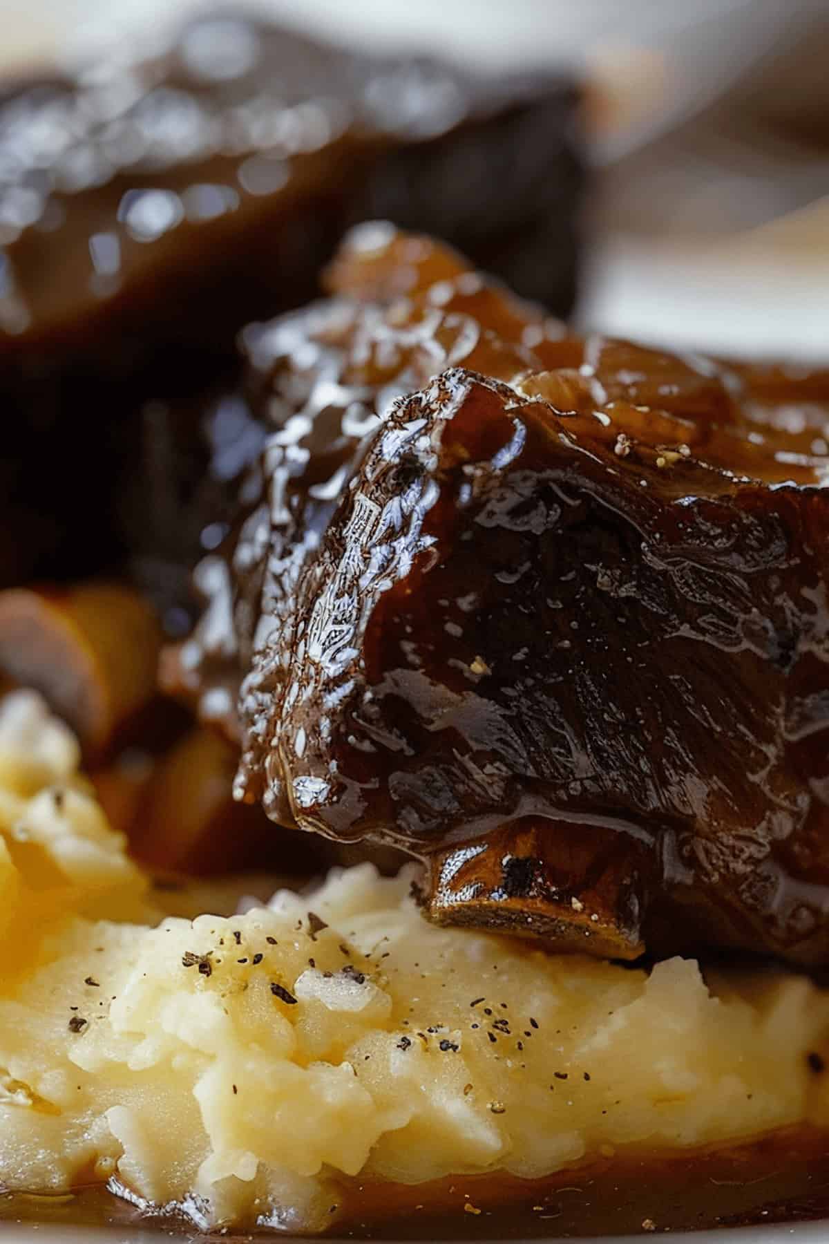 Close-up of slow cooker beef short ribs, glazed to perfection and served over creamy mashed potatoes, garnished with ground pepper.