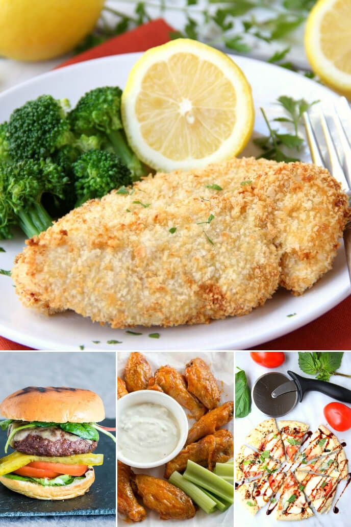 A collection of air fryer recipes including chicken, burgers, wings and pizza