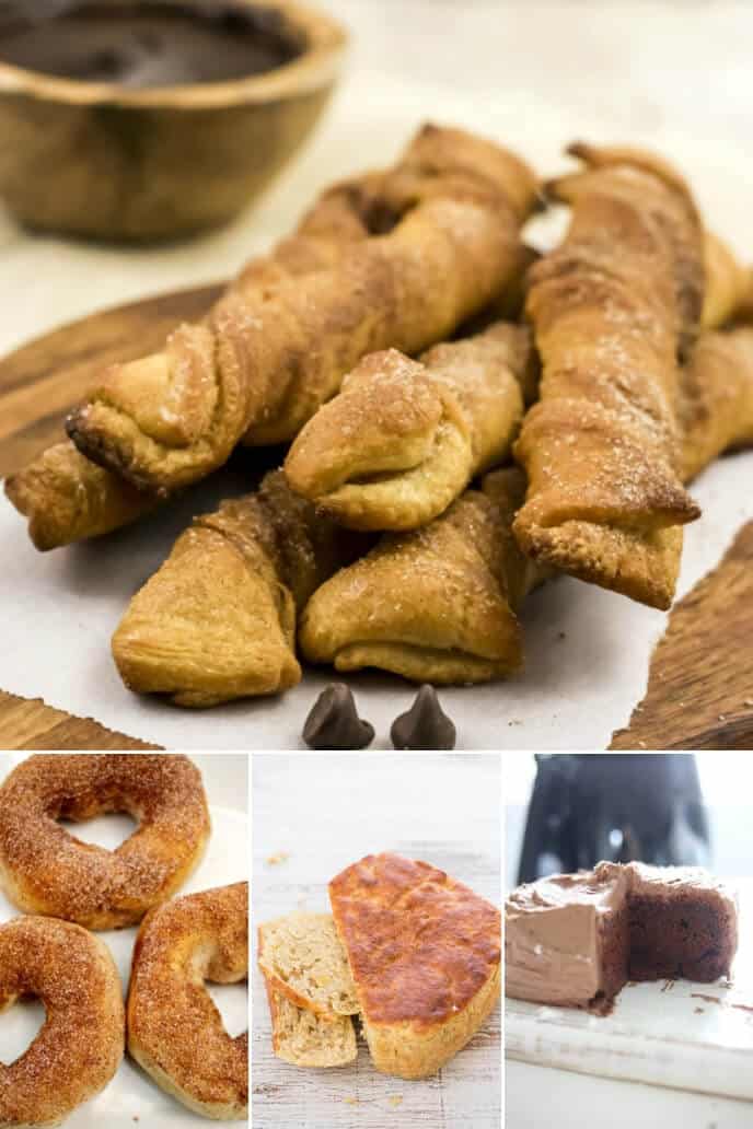 A collection of air fryer recipes including churros, donuts, cake and mor