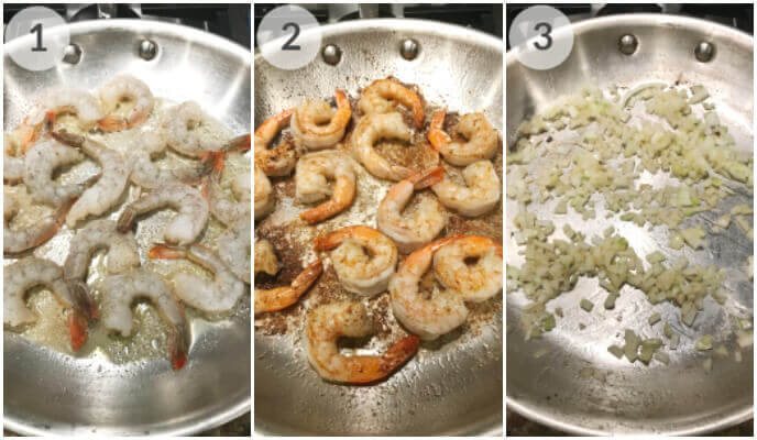 Three steps of cooking Tuscan shrimp pasta in a pan: raw shrimp, sautéed shrimp, and diced ingredients being cooked.