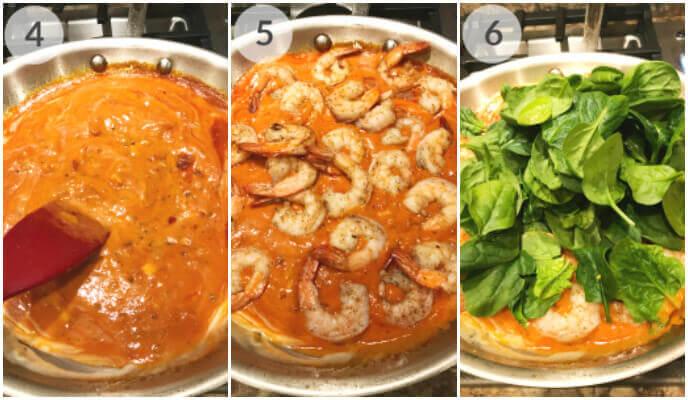 Three stages of preparing a Tuscan shrimp pasta dish: first, a sauce simmering in a pan; second, shrimp added to the sauce; third, fresh spinach on top of the cooked dish.