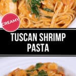 Creamy tuscan shrimp pasta with spinach.