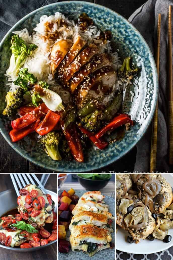 A collection of healthy dinner ideas for two including mediterranean chicken, asian chicken, stuffed chicken and more