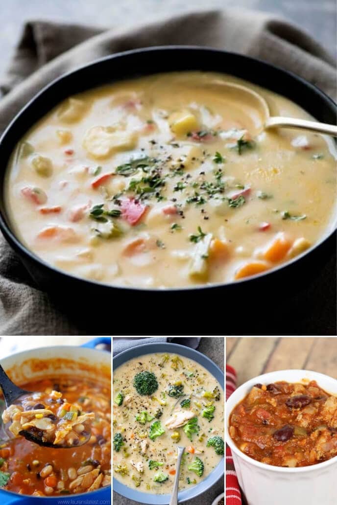 A collection of healthy dinner ideas for two including soups and chili
