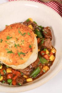 Skillet Beef Pot Pie in a white bowl