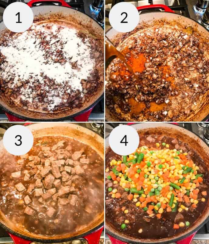 Step by step instructions for making skillet beef pot pie