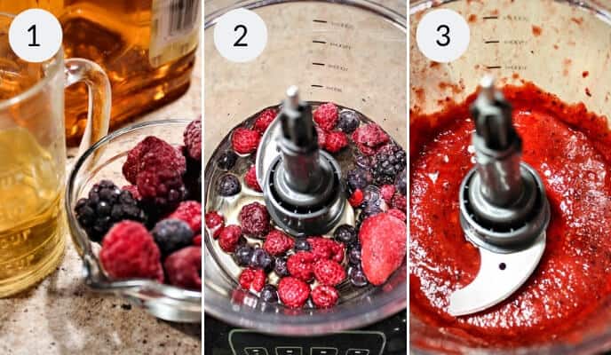 Step by step instructions for making this berry smoothie. Step 1: Honey in a measuring cup, berries in a cup. Step 2: In blenders, berries, and honey. Step 3: Blended berries in honey. 