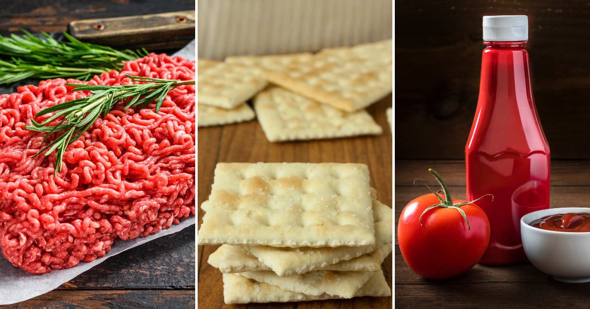 Ground meat with rosemary, a stack of saltine crackers, and a bottle of ketchup next to a tomato and a small dish of ketchup—all the essentials for an Instant Pot Meatloaf feast.