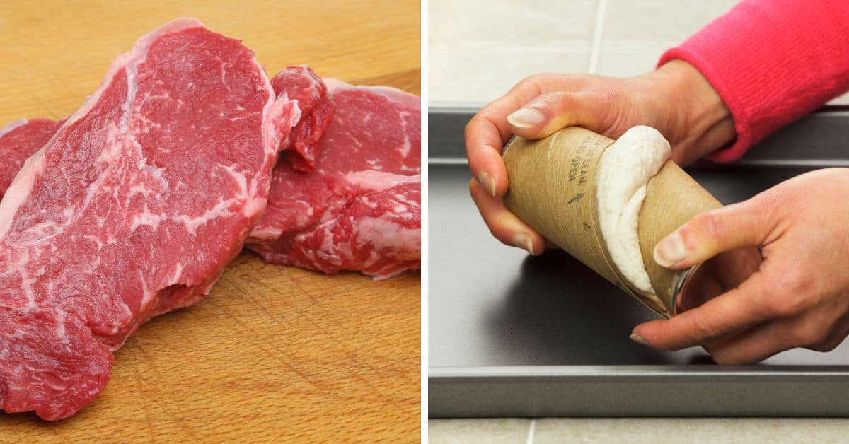 Left: Two raw beef steaks on a wooden board. Right: A person opening a can of dough over a baking sheet, perhaps preparing to make a savory skillet beef pot pie.