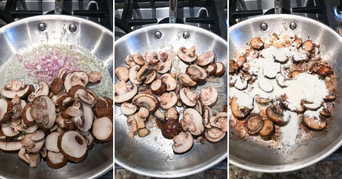 Three-panel image showing mushrooms and shallots sautéed in a pan.