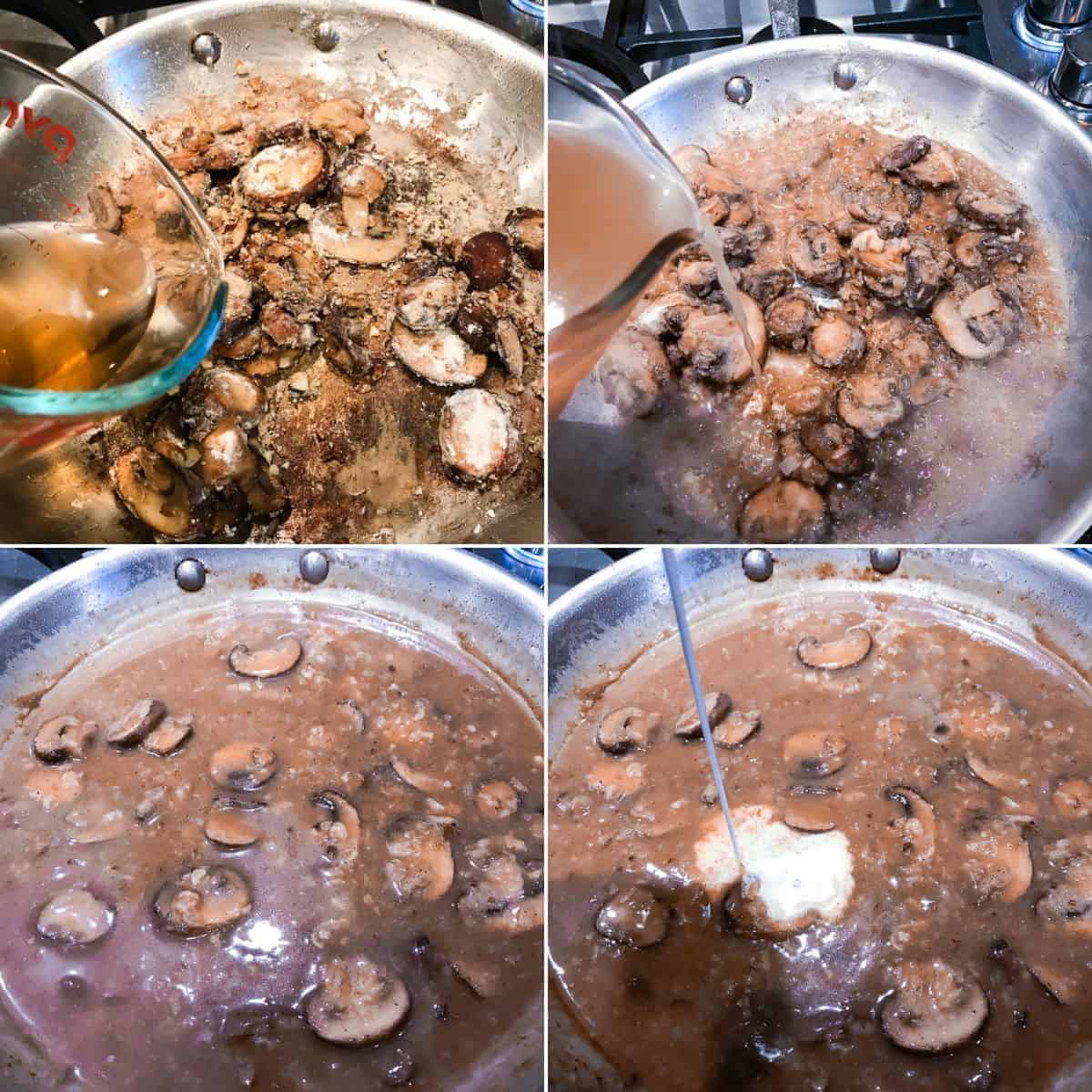 Four-step process of making a mushroom Sherry Cream Sauce in a pan: adding broth, simmering, adding more liquid, then finishing by pouring cream into the mixture.