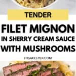 Sliced filet mignon topped with herbs, served over pasta and mushrooms in a rich sherry cream sauce, presented on a white plate.