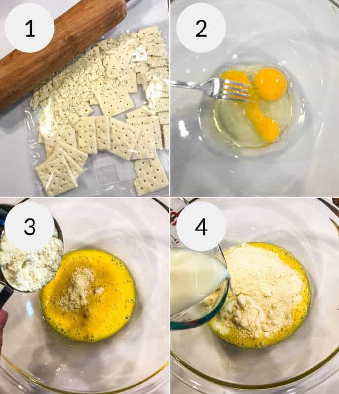 A four-step process for Instant Pot Meatloaf: 1) crushed crackers, 2) two eggs in a bowl, 3) stirring eggs with added breadcrumbs, 4) pouring liquid (possibly milk) into the mixture.