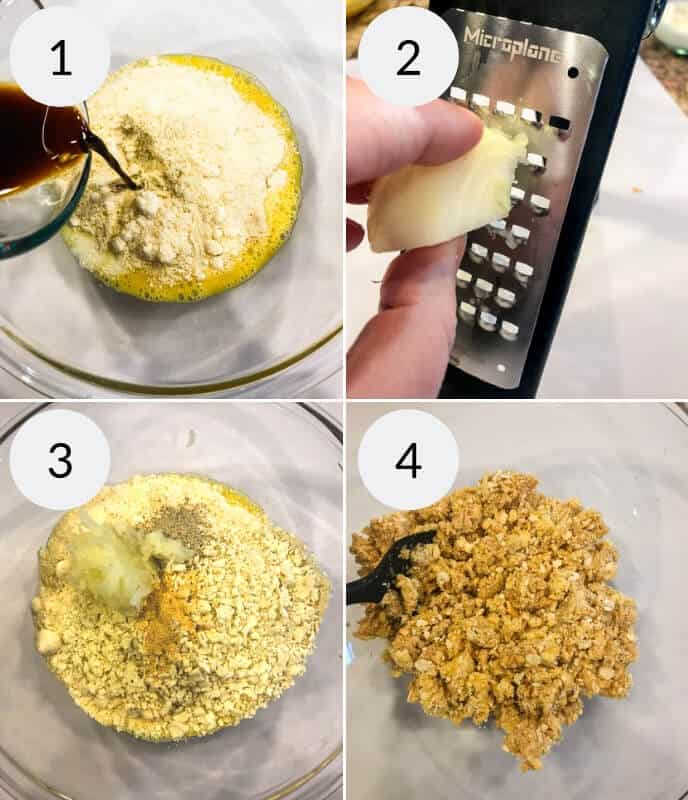 Step by step instructions, Step 1 adding brown liquid to a glass bowl, Step 2 garlic is being grated with metal and black grater, Step 3 garlic is added to the mixture, Step 4 the mixture is being mixed with a black spoon.  