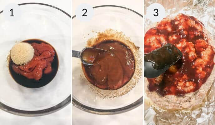 Step-by-step images of mixing brown sugar, ketchup, and soy sauce in a bowl for Instant Pot Meatloaf. Steps 1 and 2 show preparation, and step 3 shows spreading the mixture onto the meat.