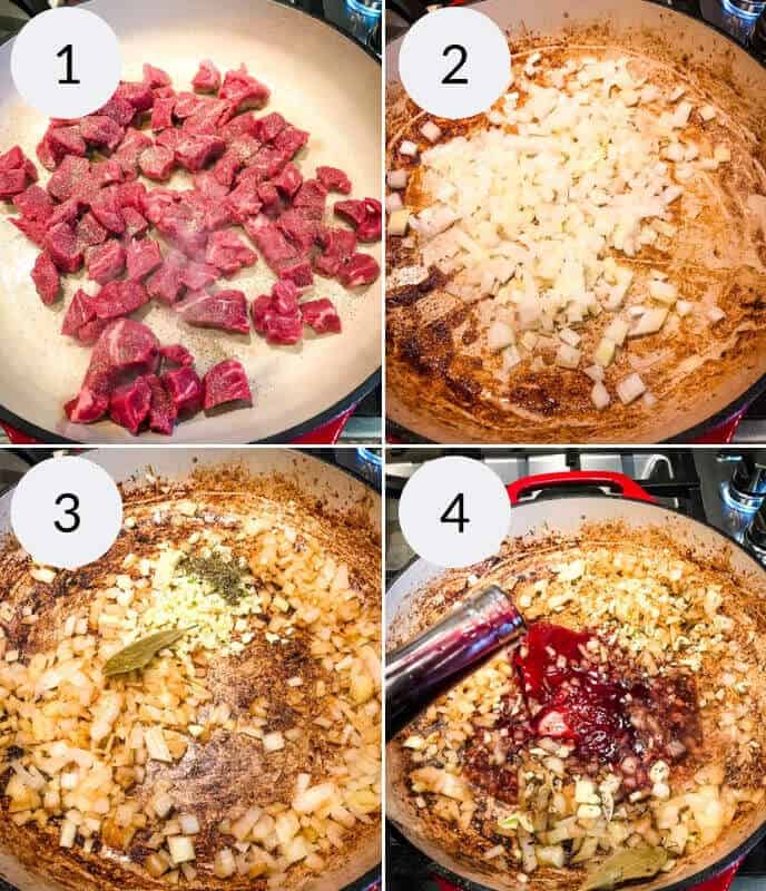Four-step cooking process: 
1. Beef cubes sautéing in a skillet. 
2. Chopped onions added and browning. 
3. Spices and bay leaves mixed with onions. 
4. Tomato paste being stirred into the mix, creating a savory foundation perfect for a beef pot pie.
