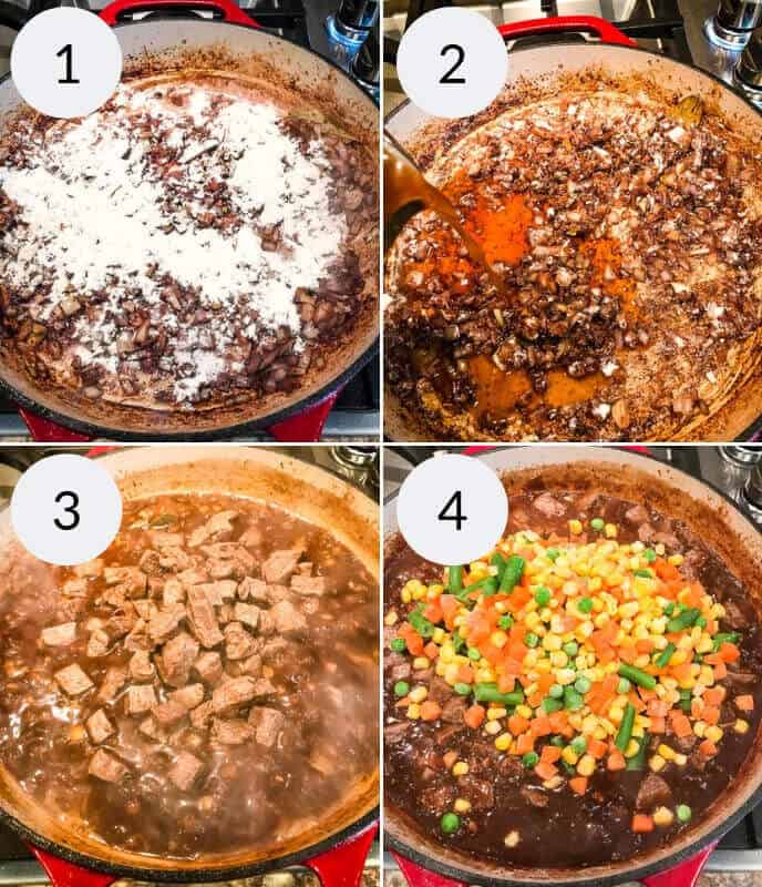 Collage of four images showing steps for making a stew. Image 1: Flour added to a skillet. Image 2: Broth poured in. Image 3: Diced beef cooking. Image 4: Mixed vegetables added.