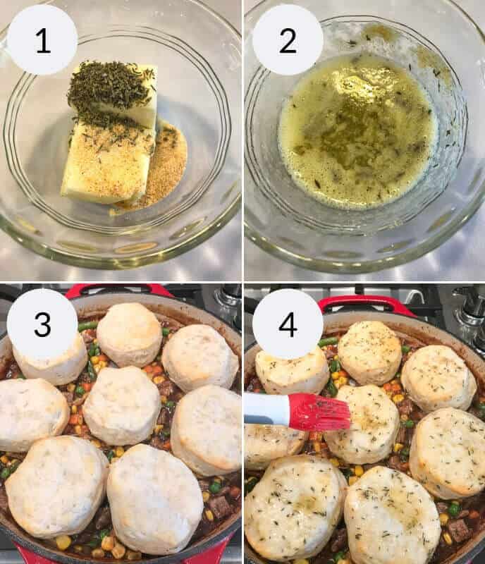 A four-panel image showing steps to make a dish. Panels 1-2: butter and spices mixed, then melted. Panels 3-4: biscuits added to a pot of mixed vegetables and meat, evoking the ease of creating a skillet beef pot pie, then brushed with the melted butter mix.