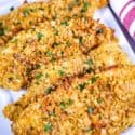 Oven Baked Fried Chicken on a white plate with purple striped napkin