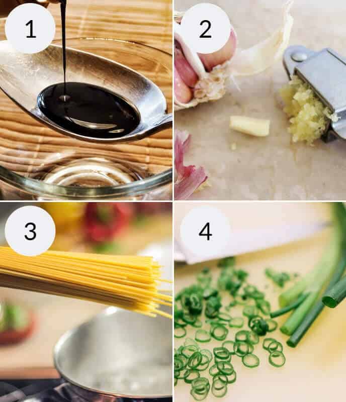 Collage of four cooking steps for Cold Sesame Noodles: soy sauce poured into a bowl, garlic being pressed, spaghetti over boiling water, and chopped green onions.
